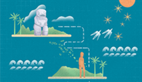 La ilustración muestra esculturas monolíticas distintivas de los habitantes de las Islas Marquesas (arriba), Mangareva (centro), Raivavae (abajo a la izquierda) e Isla de Pascua (abajo a la derecha), junto con elementos característicos de los navegantes polinesios que, con sus canoas tipo catamarán de doble casco, realizaron hazañas de exploración y descubrimiento utilizando las estrellas, el vuelo de las aves, los vientos, el clima y las corrientes oceánicas. Ilustrado por Zaira Zamudio López
